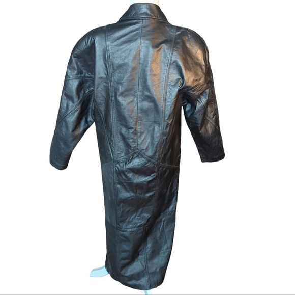 Vtg 80s Michelle Stuart black leather sleek witchy matrix maxi trenchcoat. Sz S - Picture 2 of 12